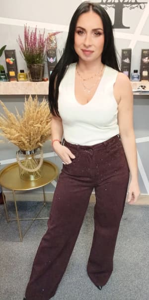 Jeansy wide leg z cyrkoniami - śliwkowy \ burgund-MOON GIRL
