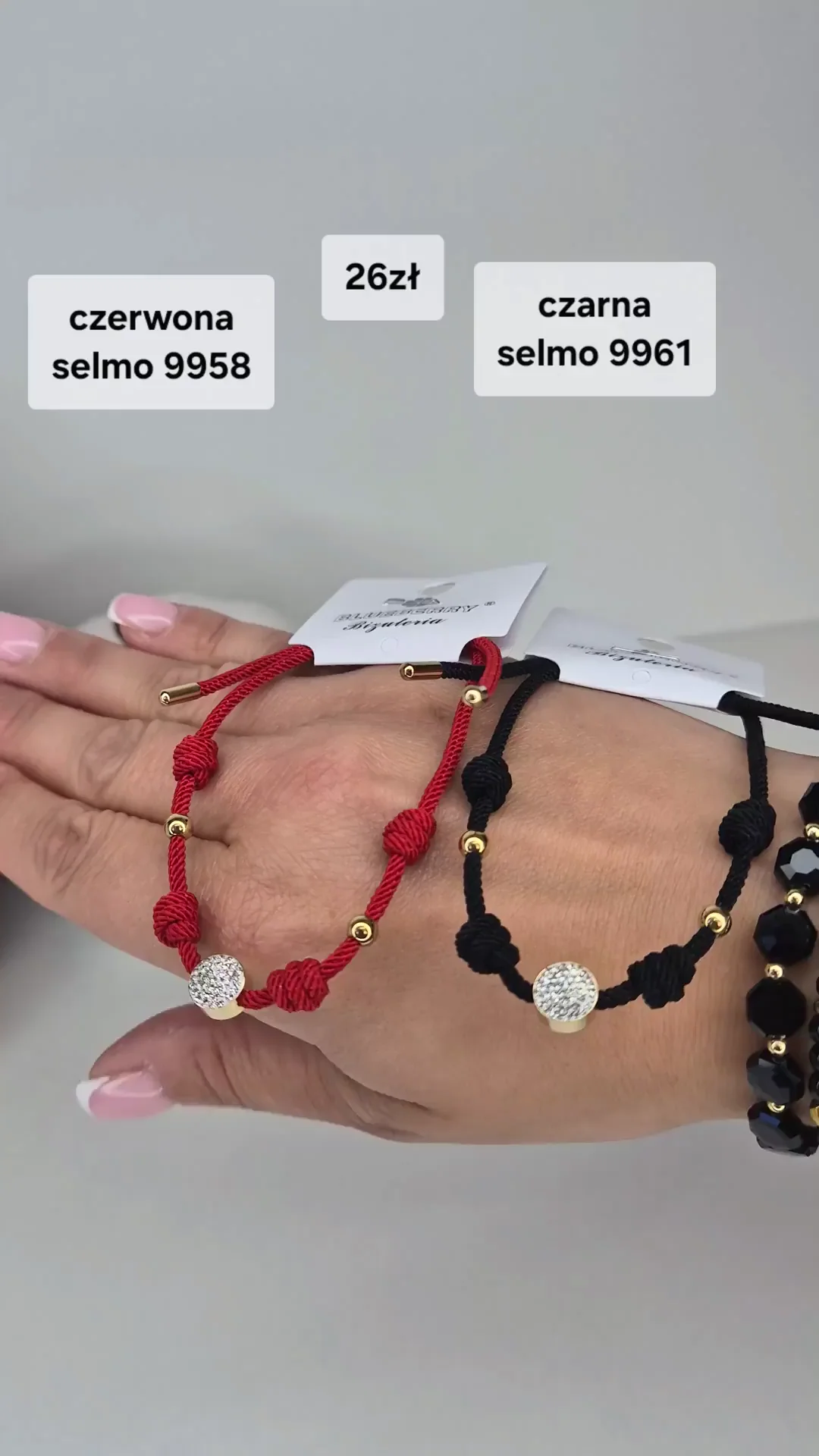 Bransoletka Czarny sznurek cyrkonie KOD 9961